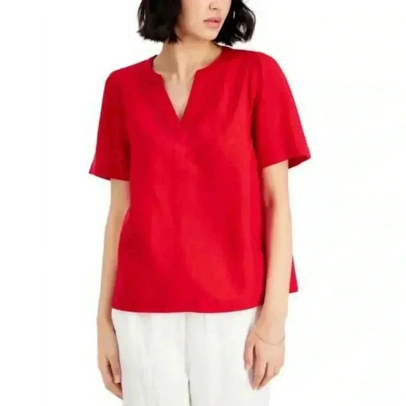 Charter Club Linen Split Neck Short Sleeve Top - Picture 2 of 6